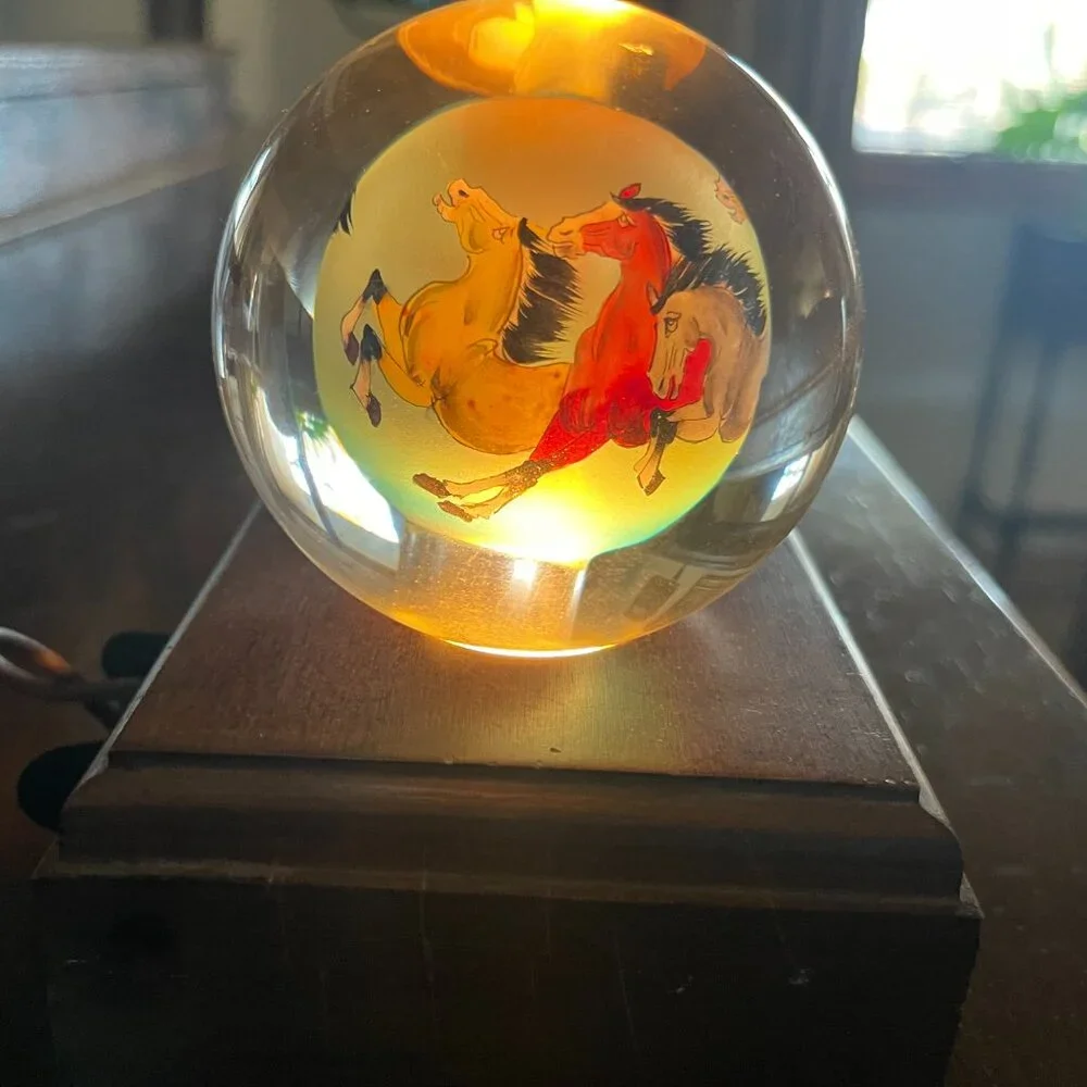 Vintage Chinese Reverse Painting Running Horses Night Light Globe